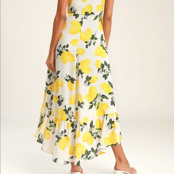 Lulus Afternoon Air Yellow Lemon Print High Low MIDI  Dress - Picture 4 of 12